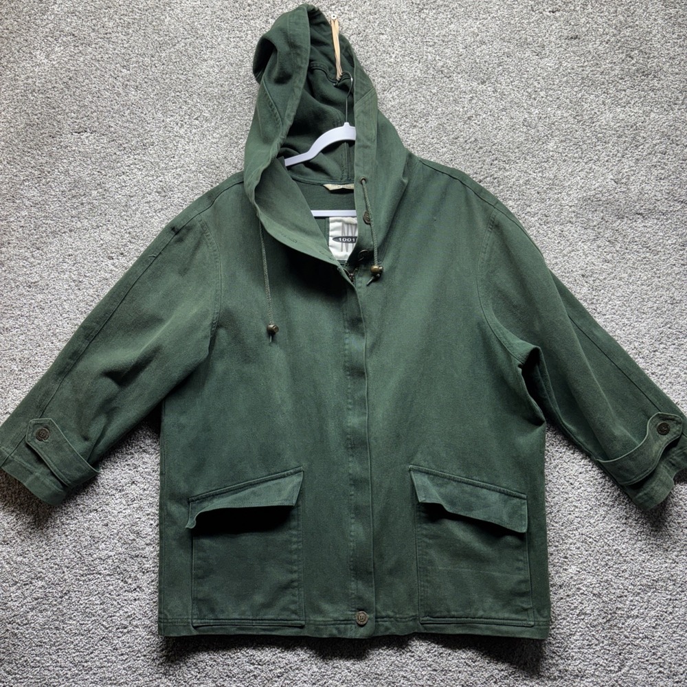 NY 10018 Womens LARGE Green Denim Hooded Full Zip Vintage Barn Chore Jacket RARE